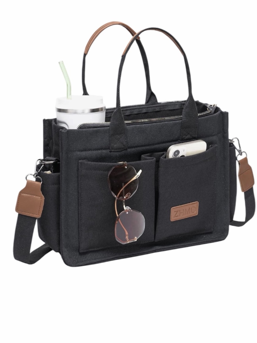 ZHIMO Black Canvas Tote/Crossbody Bag – Large Work & Laptop Organizer